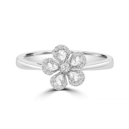 VIVAAN Floral Diamond Ring, .30Ctw Pear Rose Cut Diamonds, .20Ctw Round Center & Diamond Halo, 18K White Gold